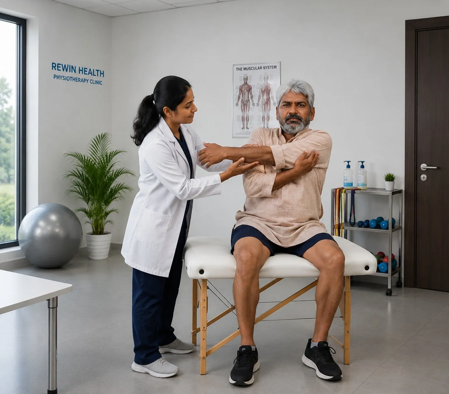A Rewin physiotherapist assessing a patient’s arm movement