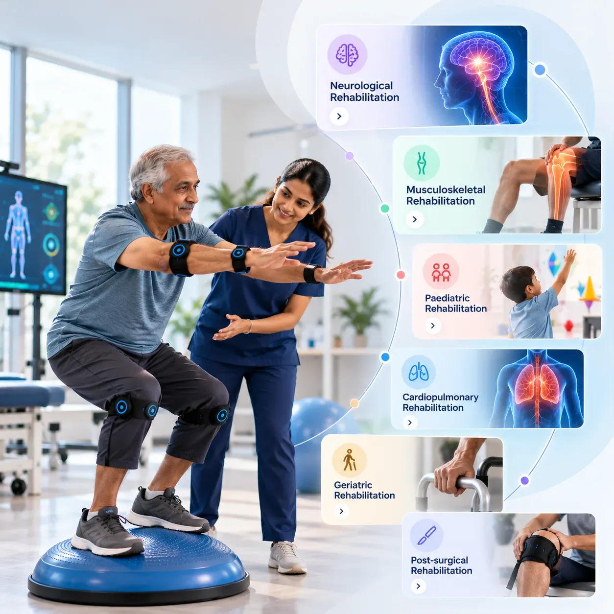 A Rewin therapist guiding a senior patient through a balance exercise with motion sensors, beside the specialities Rewin covers: neurological, musculoskeletal, paediatric, cardiopulmonary, geriatric and post-surgical rehabilitation