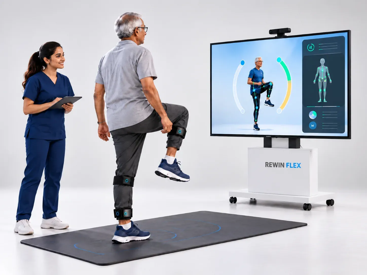 A patient doing a knee-raise on the Rewin Flex sensor mat with knee sensors while the Flex screen tracks his movement and the therapist records the session on a tablet