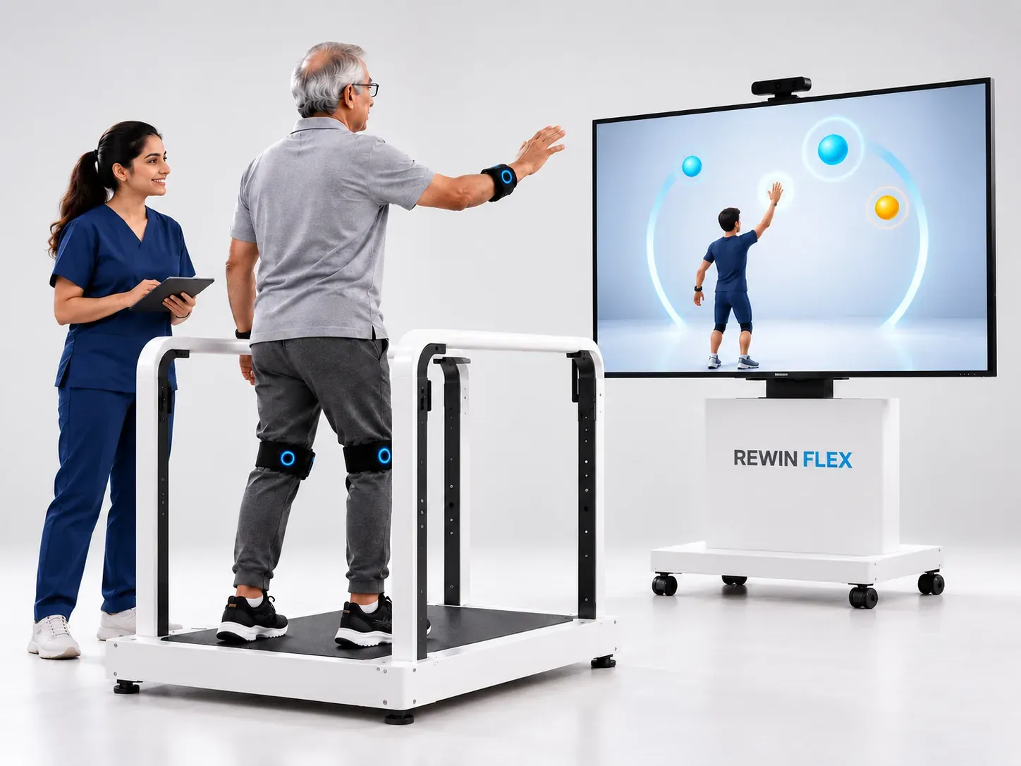A senior patient in the Rewin Flex balance frame with wrist and knee sensors, reaching for targets as his avatar mirrors him on the Flex screen, with his therapist alongside