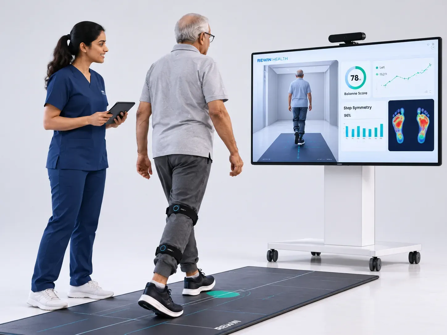 A senior patient walking across the Rewin Gait sensor mat in knee sensors while the screen shows his balance score, step symmetry and foot-pressure maps