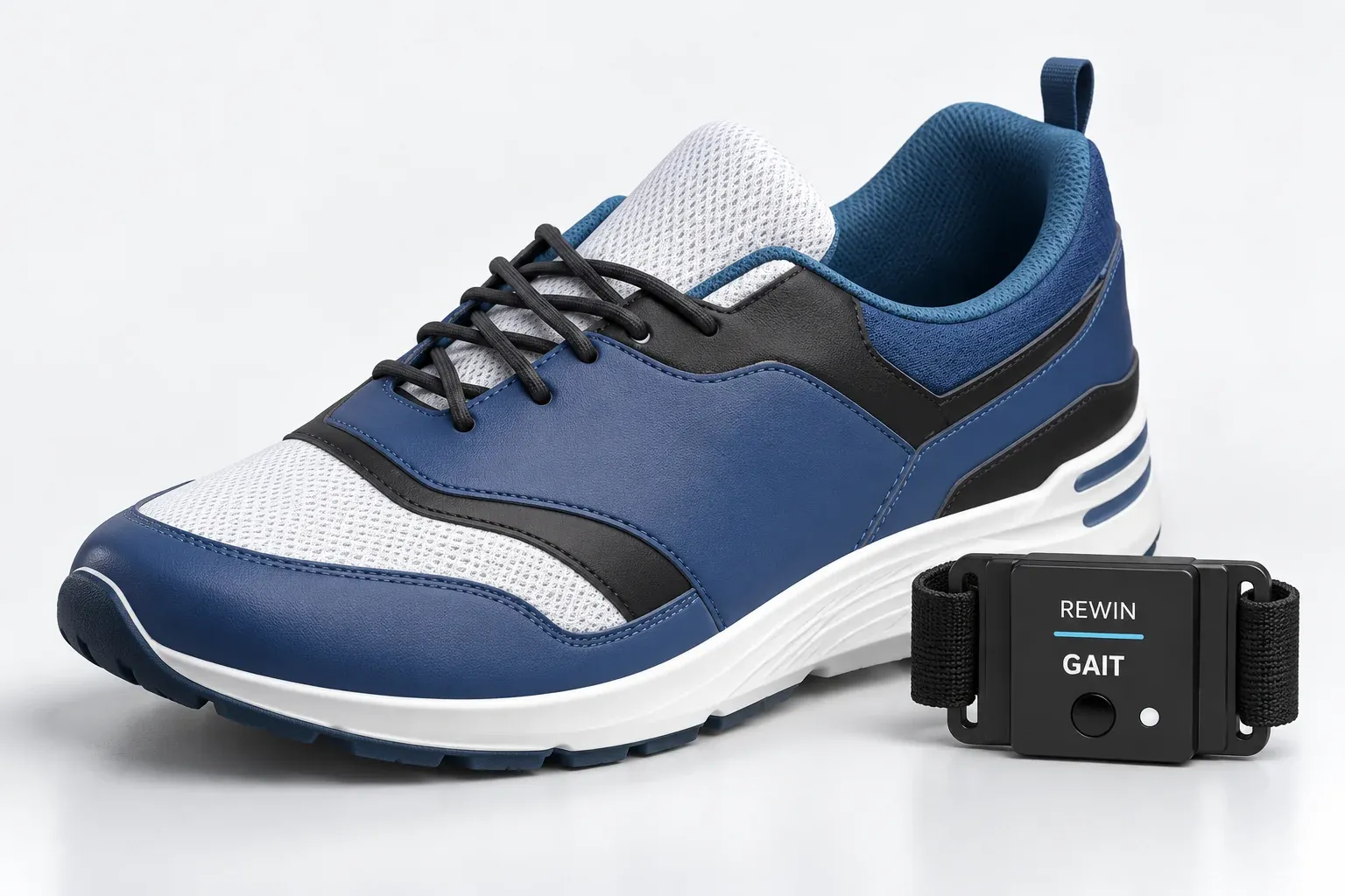 A sports shoe with the Rewin Gait sensor beside it
