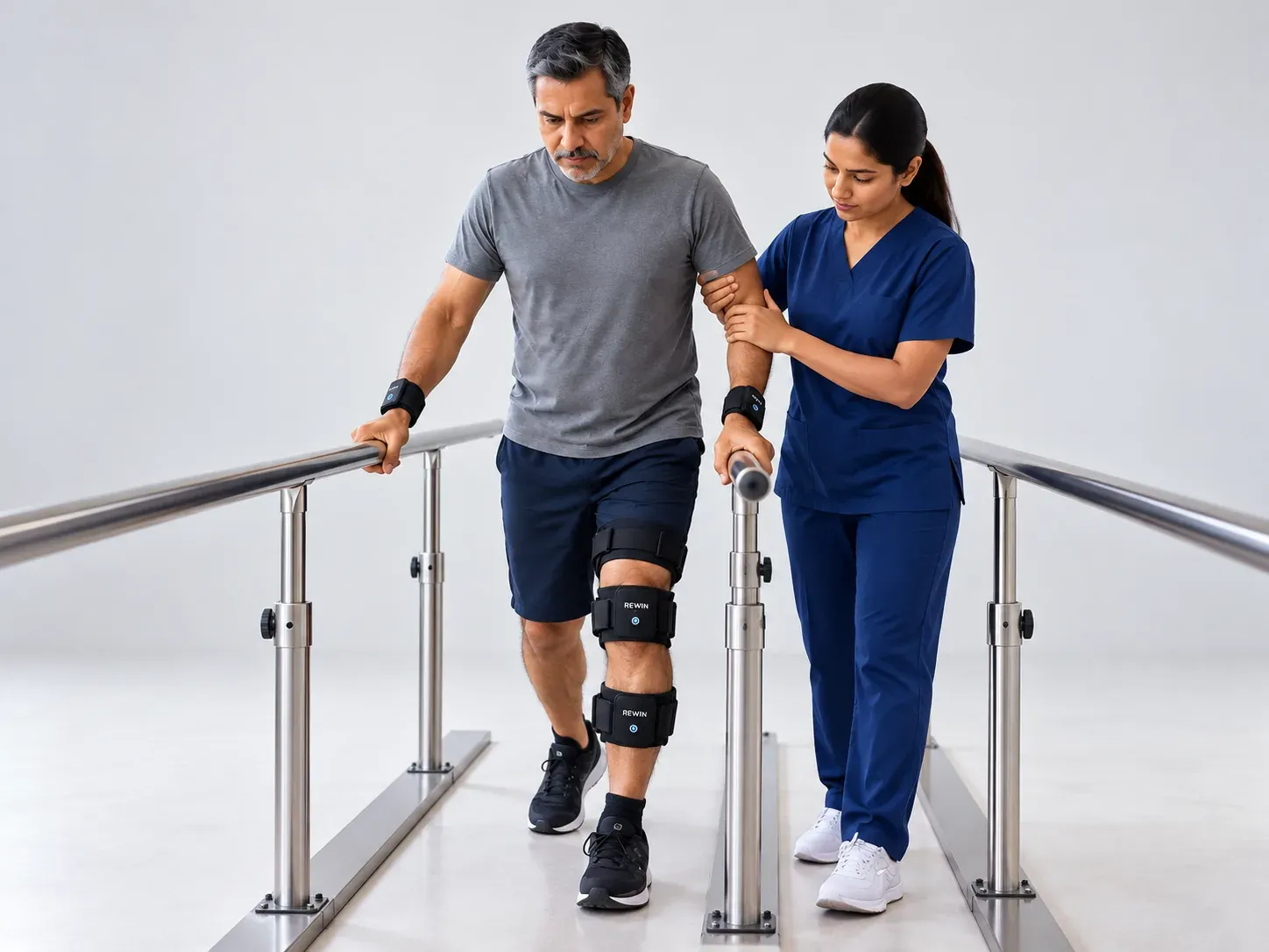 A physiotherapist supporting a patient wearing Rewin wrist and knee sensors as he walks between parallel bars