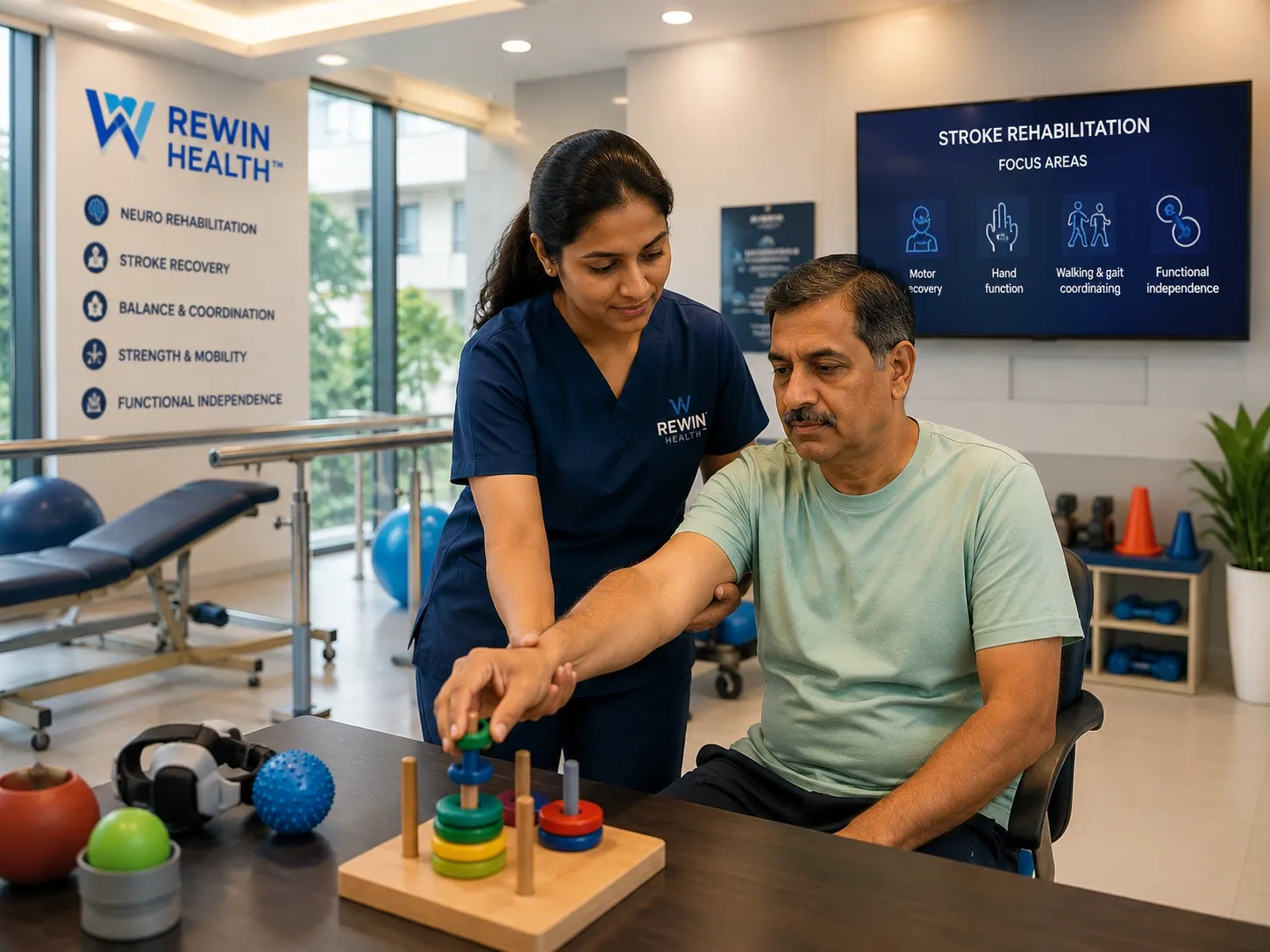 A Rewin physiotherapist guiding a patient through a hand rehabilitation exercise