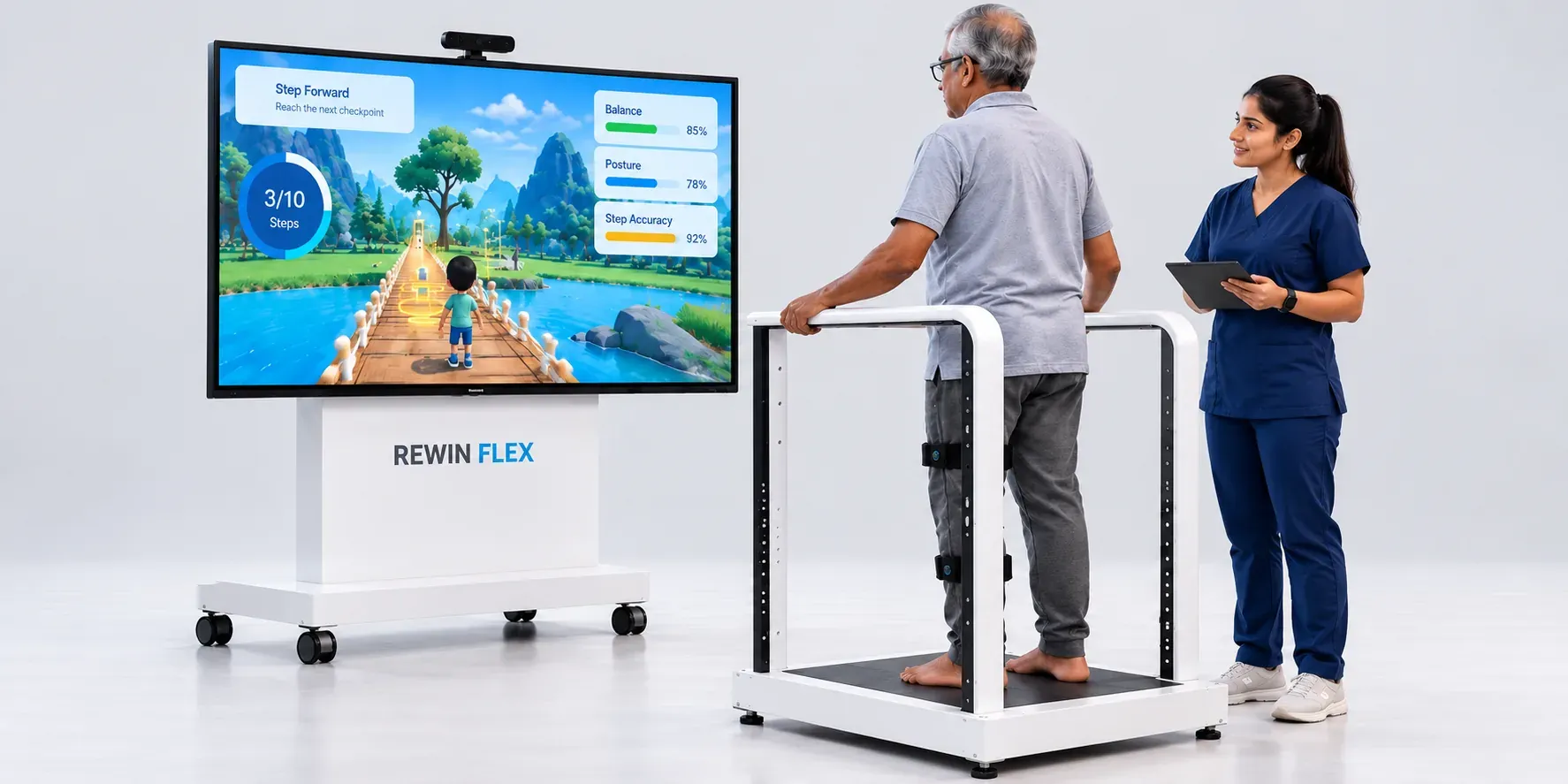 A senior patient in the Rewin Flex support frame with leg sensors, walking a virtual path on the Flex screen while his physiotherapist tracks him on a tablet