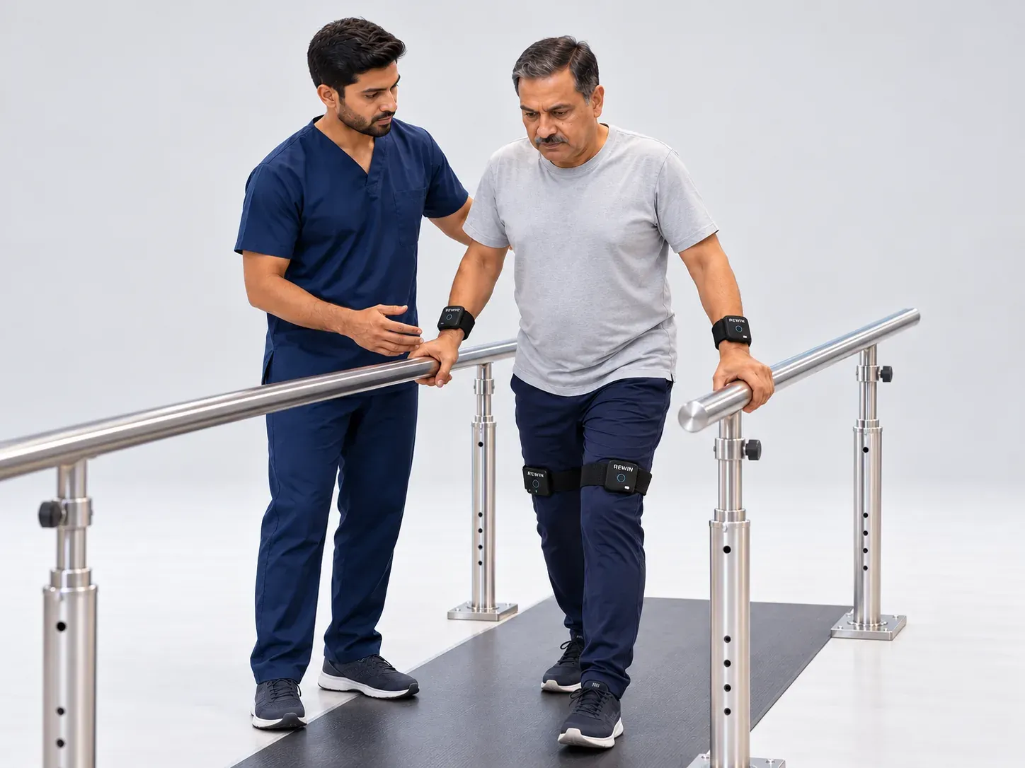 A Rewin physiotherapist guiding a patient wearing wrist and knee motion sensors through gait training at the parallel bars
