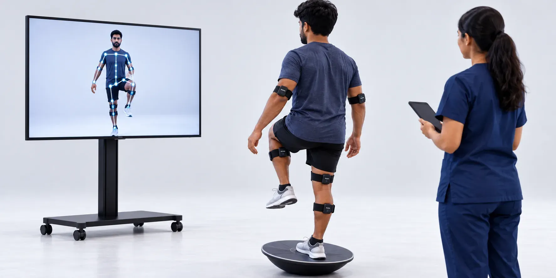 A patient balancing on the Rewin wobble board with motion sensors on his arms and legs while his avatar mirrors him on screen and the therapist tracks him on a tablet