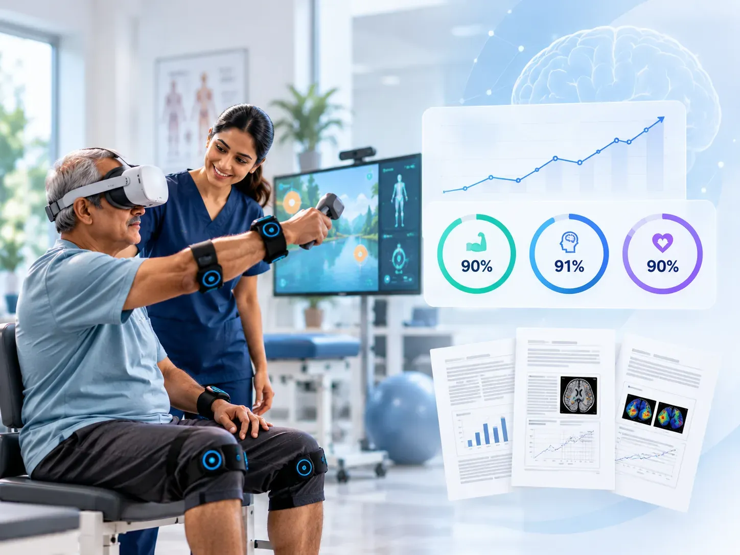 A patient in the Rewin VR headset and motion sensors with his therapist, beside outcome charts and published research papers