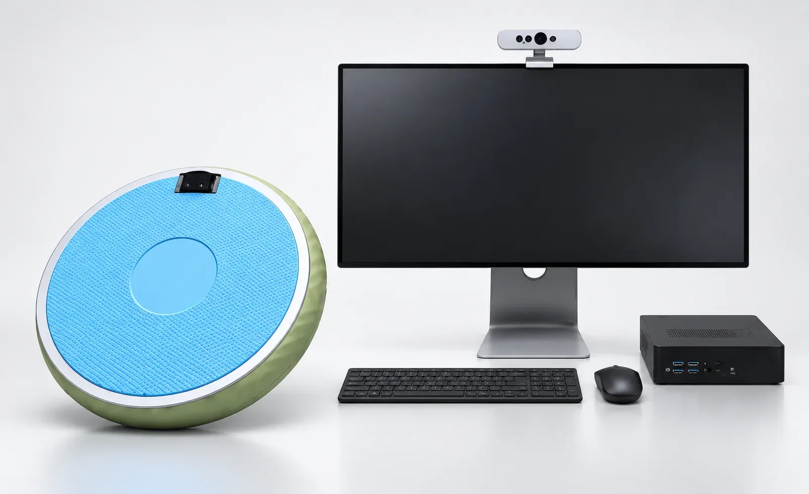 Flex Desk: a 27-inch display with camera, keyboard, compact PC and sensor wobble board