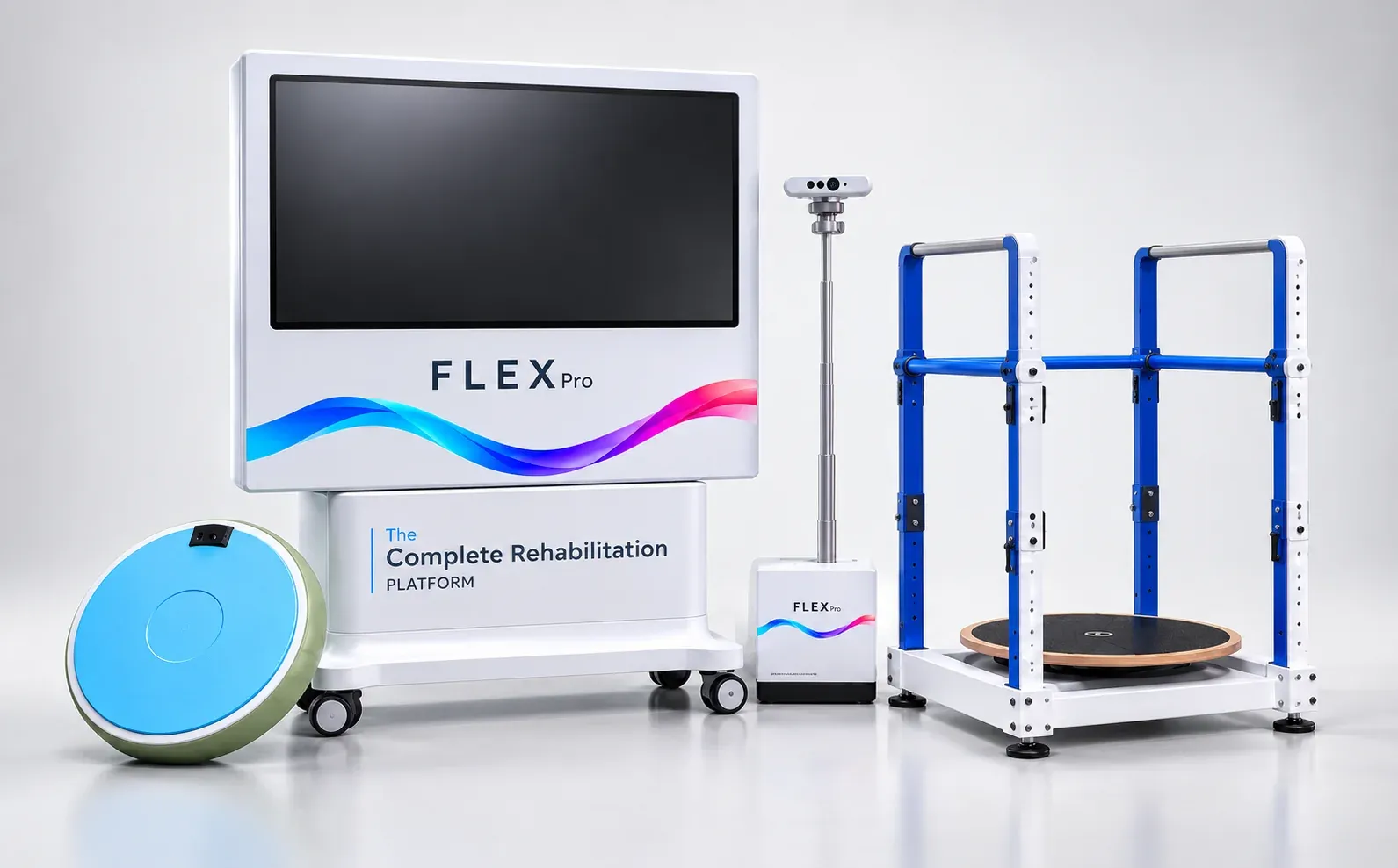 Flex Pro: the 42-inch Flex Pro kiosk with camera, sensor wobble board and patient support frame with balance platform
